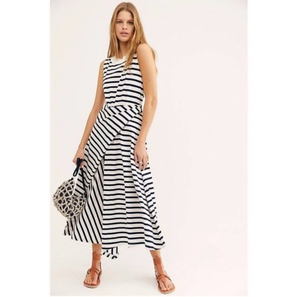 FP Beach ~Navy + White Striped Cotton Capri Sleeveless Midi Dress in size Large - Picture 13 of 14